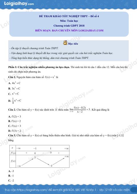 Đề tham khảo thi THPT môn Toán - Đề số 4 (hay, chi tiết)